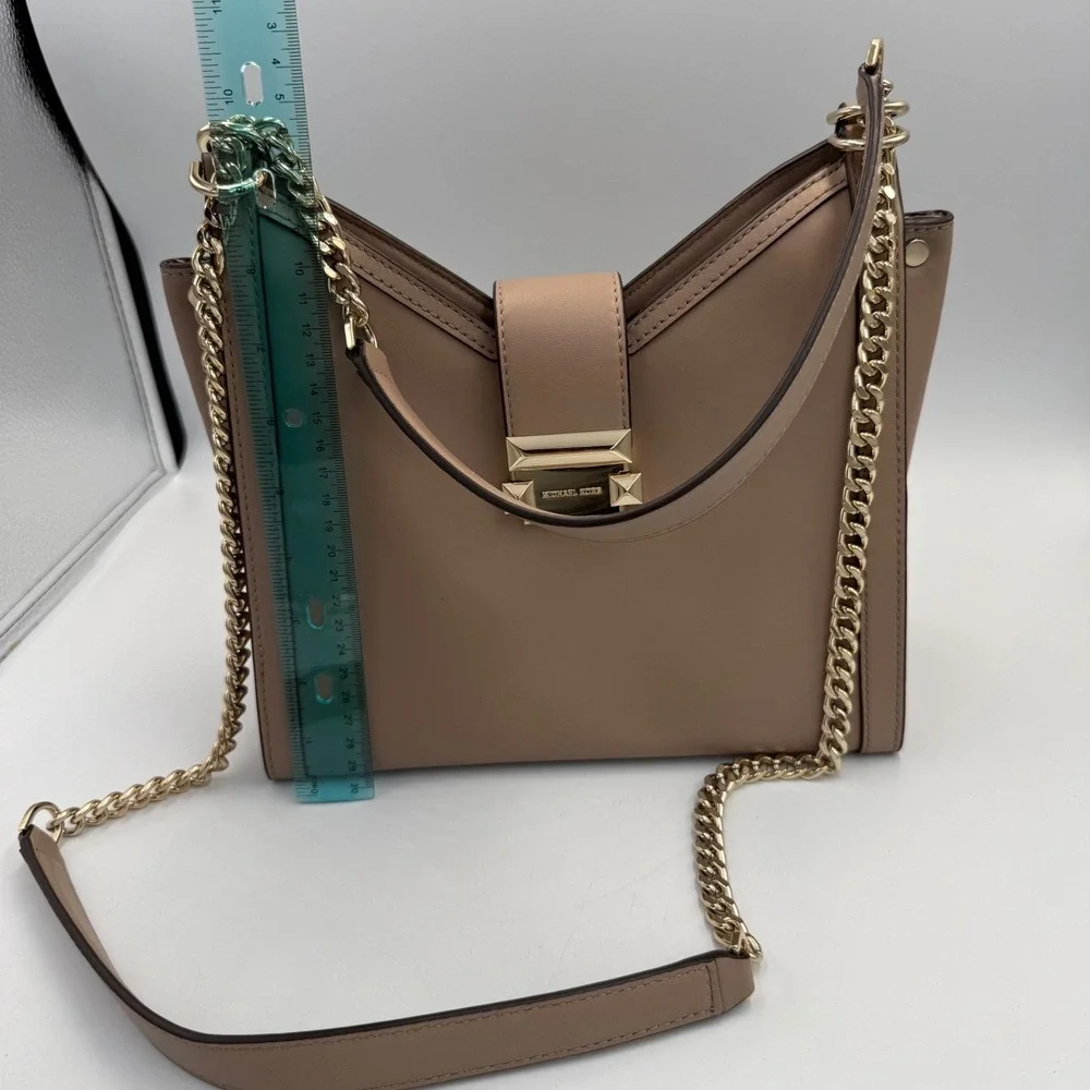 Michael Kors Cece Medium Leather Chain Shoulder Bag Taupe Gold Hardware